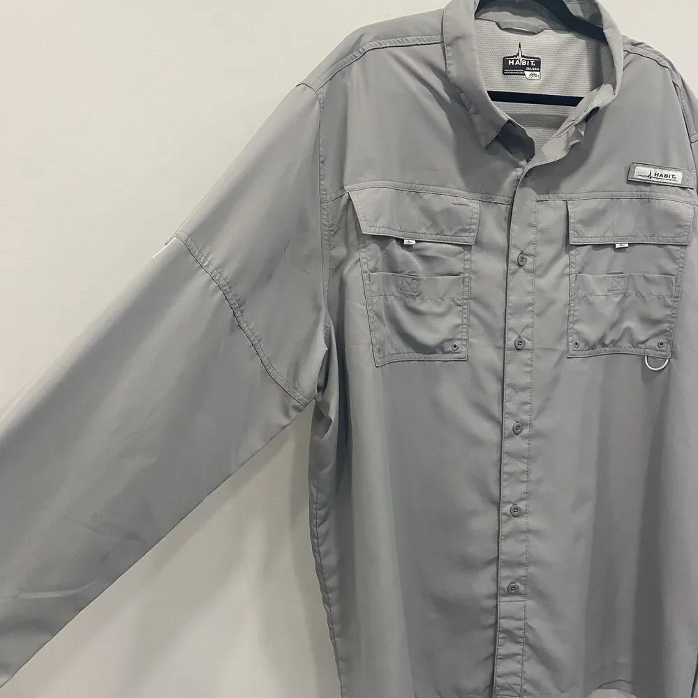 Habit Mens 2XL Gray Vented Outdoor UPF 40+ Long Sleeve Button-Up Fishing Shirt - Picture 15 of 16